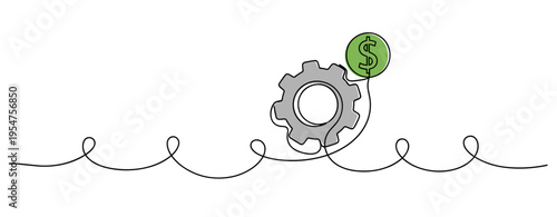 Gear with dollar symbol resting on continuous line path and coin. no editable strokes