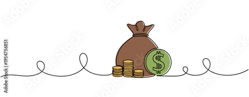 Money bag with stacked coins displayed on white background. no editable strokes