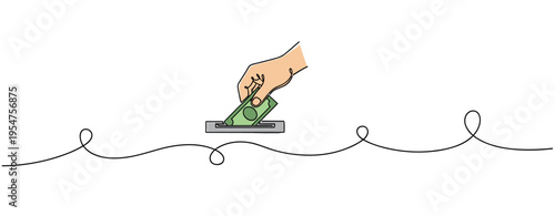 Hand inserting banknote into slot representing payment action. no editable strokes