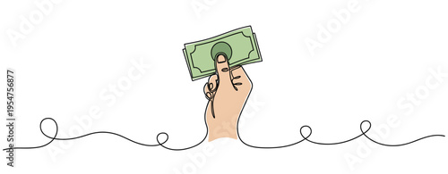 Hand holding money above continuous line illustration. no editable strokes