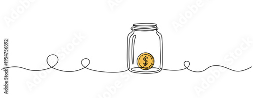 Single coin in glass jar sitting on continuous line white background. no editable strokes