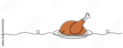 Roasted chicken leg plated on simple line illustration. no editable strokes