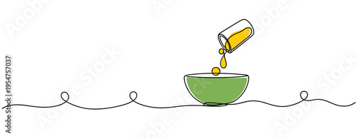 Oil pouring into bowl on continuous line white background. no editable strokes