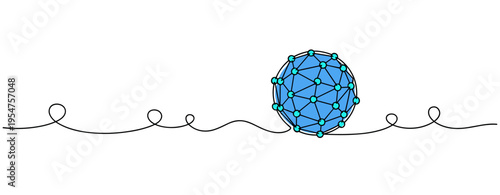 Spherical network node structure resting on minimal continuous line background. no editable strokes