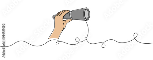 Hand holding telescope peering in continuous line drawing. no editable strokes