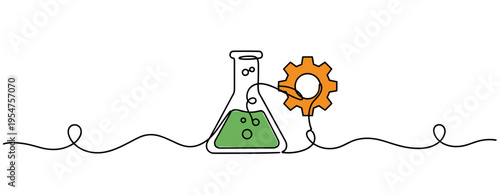 Erlenmeyer flask reacting with gear in minimalist line scene. no editable strokes