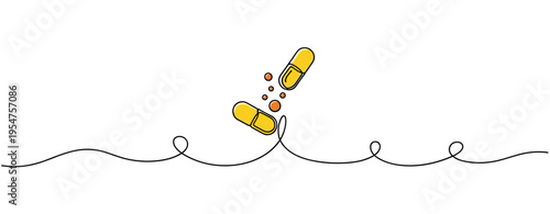 Pill capsule releasing tablets on continuous line medical illustration. no editable strokes
