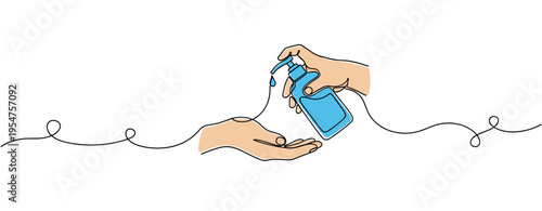 Hands dispensing sanitizer from pump bottle over open palm. no editable strokes