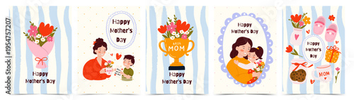 Mother's Day Greeting Card or Poster Set with Hand Drawn Doodle Illustrations for banner, cover, Spring Holiday Promotion. Flat Vector