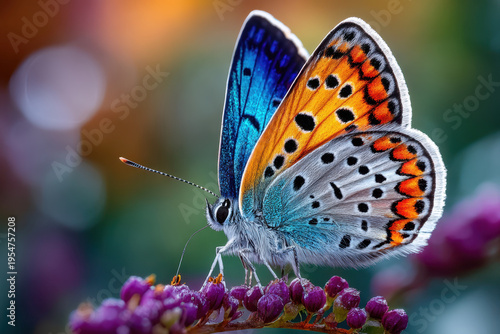 Vivid butterfly perched on vibrant flower in a garden during late afternoon light