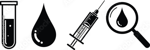 Medical blood test icon set, test tube, drop, syringe, and magnifying glass, healthcare lab analysis symbols, flat vector illustration, health.