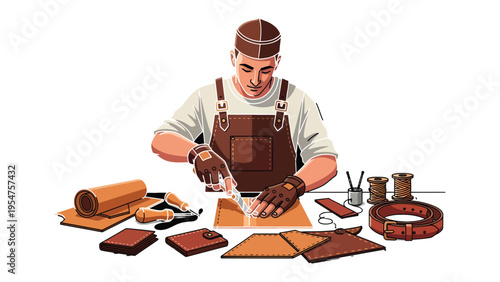 Craftsman at Work: An artisan meticulously cuts and shapes leather at a workbench, demonstrating skill and precision in the art of leatherworking. 