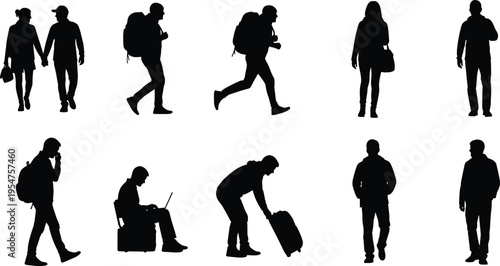 Traveler silhouette set, people with luggage and backpacks, tourists walking and waiting, airport passengers, travel trip concept, vector flat illustration.
