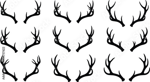Deer antler silhouette collection set with different horn shapes for hunting trophy outdoor wilderness logo and rustic lodge decor design