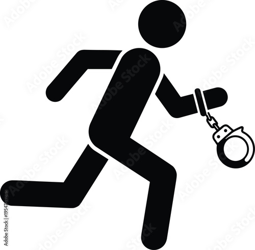 Running criminal silhouette with handcuffs icon on white background, fleeing prisoner, escaping convict, justice law enforcement, arrest and escape concept.