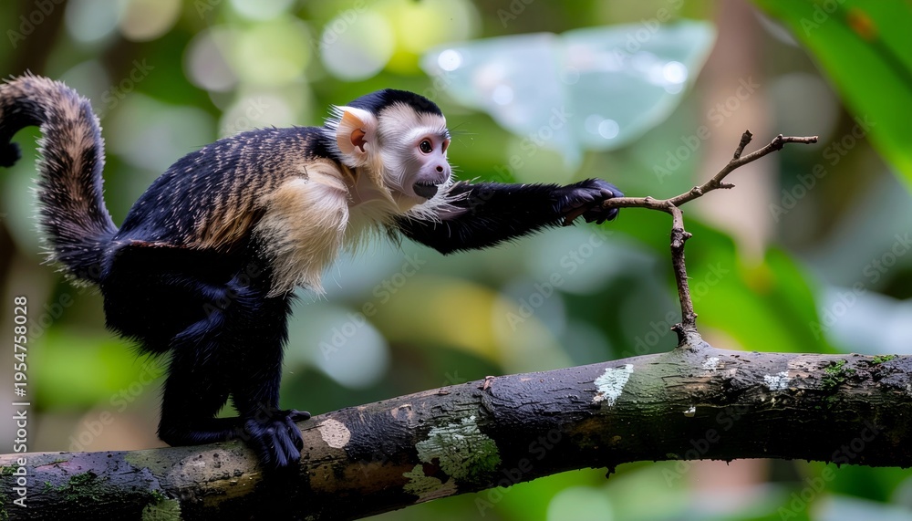 Naklejka premium Capuchin Monkey Reaching for Branch in Lush Green Forest.