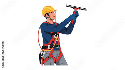 Skilled Window Cleaner: An illustration of a dedicated worker meticulously cleaning windows at a high elevation, with safety harness, highlighting the critical role of cleaning and maintenance