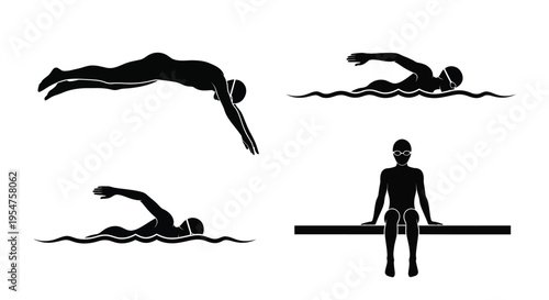Black silhouettes of four different swimming positions and a sitting person on the diving board graphic illustration