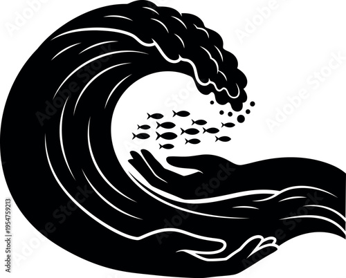 Hand Holding Water Wave With Small Fish Illustration Design