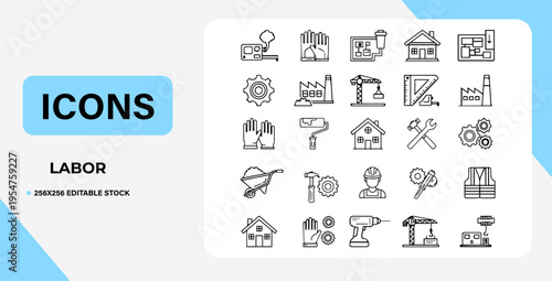 Labor web icon set in line style. Collection of construction linear icons, including labour day, renovation, repair, work tools, materials, workers, building, business and more. Editable stroke