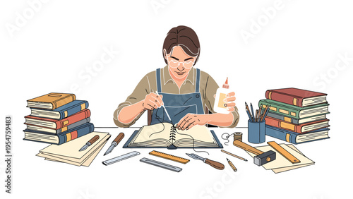 Crafting the Narrative: An artisan meticulously repairs a weathered book amidst a collection of literary treasures, demonstrating the timeless art of bookbinding.