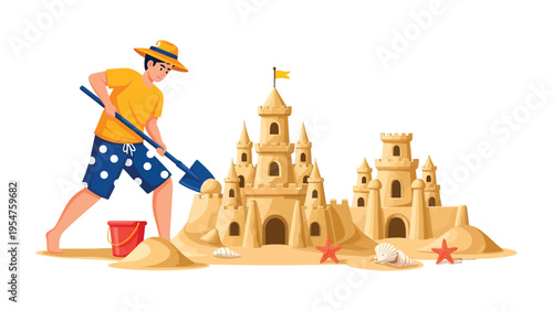 Beachside Sandcastle Creation: A young individual constructs an elaborate sandcastle on a sunny beach, shovel in hand, turning the beach into his realm of creativity