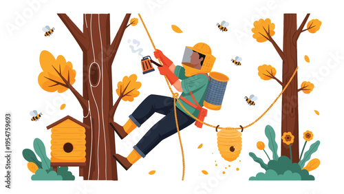 Apiculture Adventure: A skilled apiarist in protective gear ascends a tree with expertise, tending to a beehive amidst a flurry of buzzing bees.