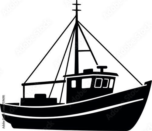 Black and White Illustration Of Classic Fishing Boat With Tall Mast