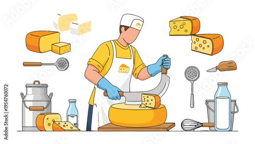 Artisan Cheese Maker: An artisan masterfully slices a wheel of golden cheese, surrounded by an array of dairy tools and dairy products. Emphasizing the craftsmanship, freshness, and culinary artistry.