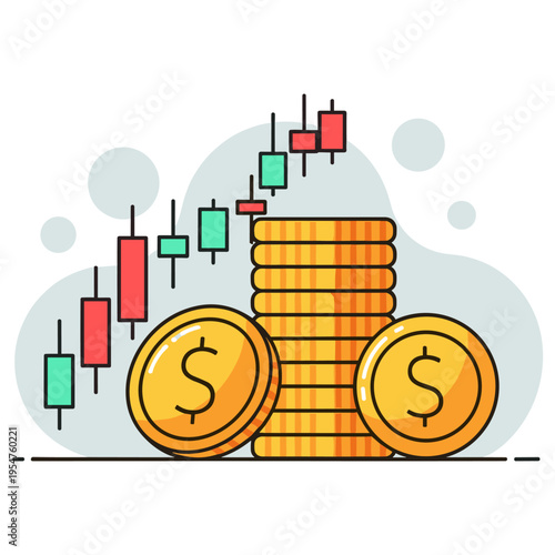 Stacked coins with rising candlestick chart on white background. non editable strokes