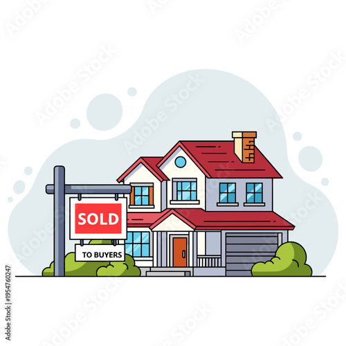 Suburban house marked sold with real estate sign in yard. non editable strokes