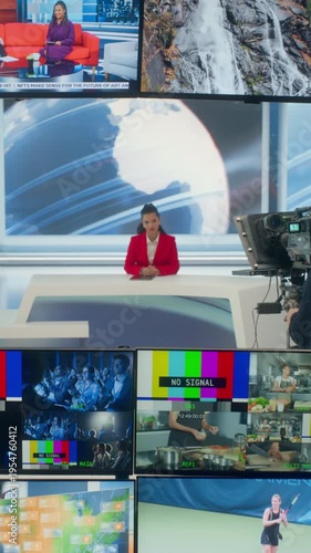 Vertical Screen. Backstage TV Station Production Control Room: Female Anchor taking Position at the Desk to Start Broadcast as Operators Frame, Monitor, Route Live News Channel Feeds.