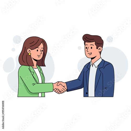 Businesswoman and businessman shaking hands in office. non editable strokes