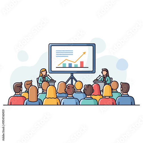 Audience listening to presenters delivering report in conference room. non editable strokes