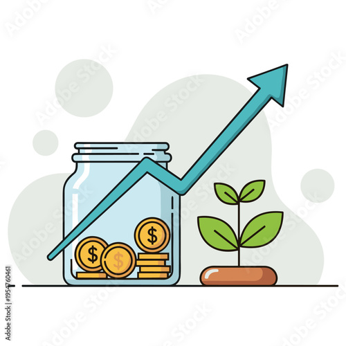 Jar of coins with upward arrow and plant symbolizing financial growth. non editable strokes