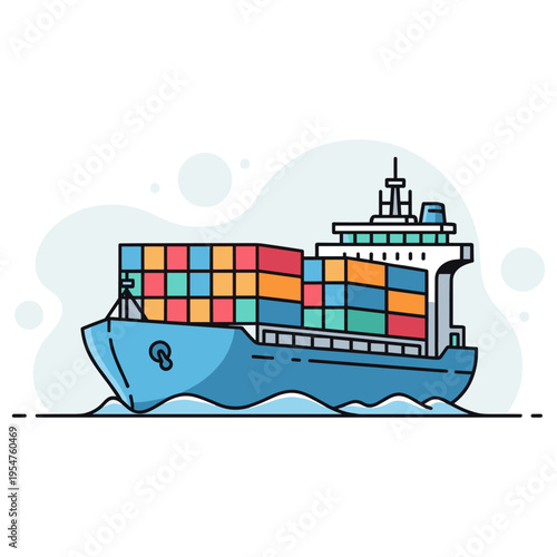 Container ship transporting cargo containers across sea. non editable strokes