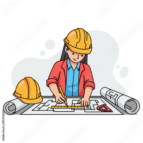 Female engineer drawing blueprint plans at construction desk. non editable strokes