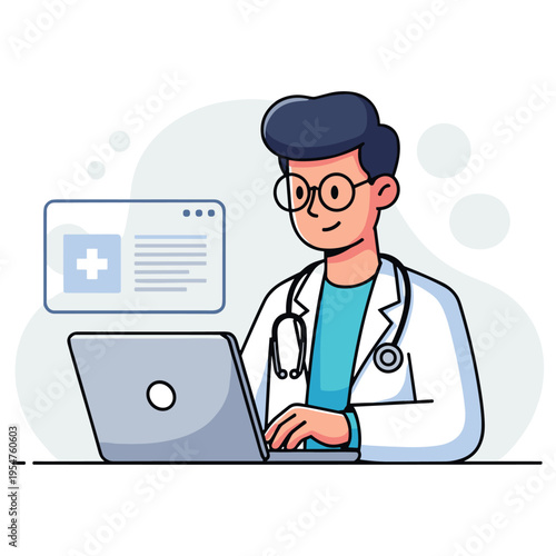 Doctor using laptop for medical consultation in clinic illustration. non editable strokes