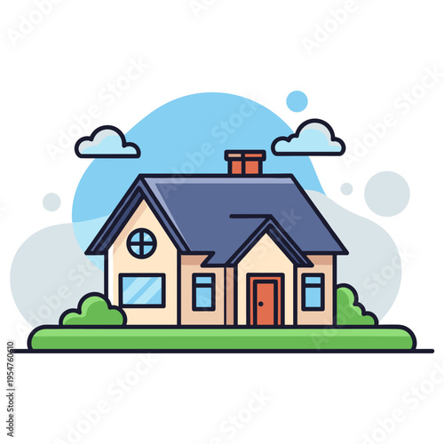 Suburban house exterior with garden and cloudy sky backdrop. non editable strokes