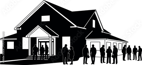 Group of people gathered outside modern house entrance area