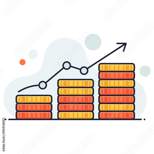 Stacks of coins increasing with upward arrow in financial chart. non editable strokes