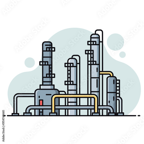 Industrial refinery complex with pipes and processing towers. non editable strokes
