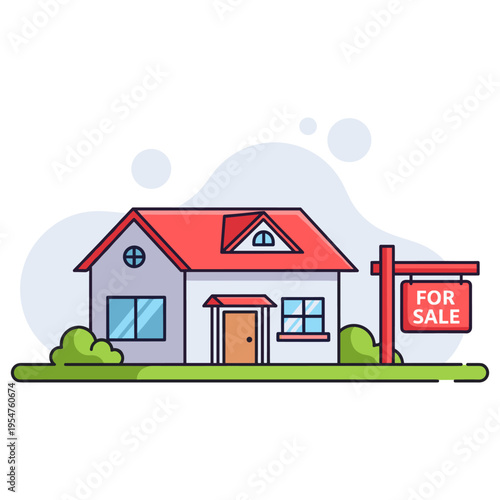 Suburban house displayed for sale on residential lawn setting. non editable strokes