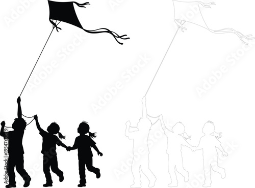 Kids Flying Kite Silhouette Children Playing Outdoor Fun Activity Childhood Freedom Vector Illustration