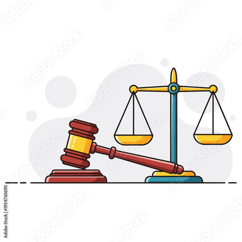 Justice gavel positioned next to weighing scales on backdrop. non editable strokes