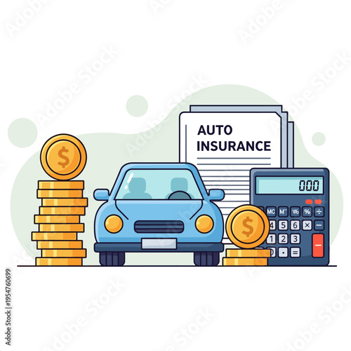Car with coins and calculator for auto insurance cost. non editable strokes