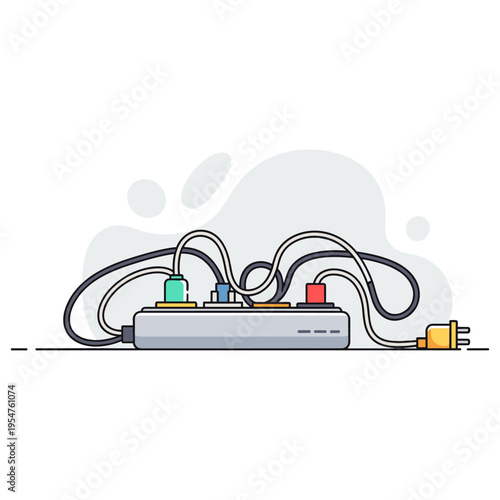 Power strip with tangled cables plugged into electrical outlet. non editable strokes