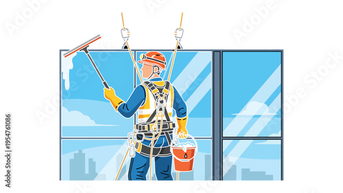 Window Cleaner At Work: A skilled window cleaner meticulously cleans a towering skyscraper, the sun glinting off the expansive glass facade. Equipped with specialized gear.