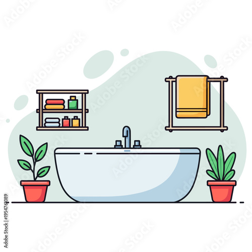 Bathtub with plants and towels in modern bathroom interior. non editable strokes