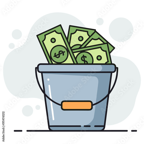 Bucket filled with cash bills representing savings or earnings. non editable strokes